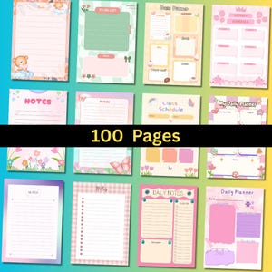 May include: A set of 100 printable planner pages featuring a variety of designs, including notes, to-do lists, daily planners, and weekly schedules. The pages are decorated with cute illustrations of butterflies, flowers, and other whimsical elements.