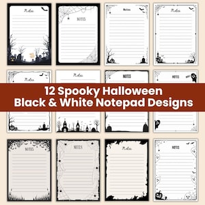 Puede incluir: Doce páginas de bloc de notas rectangulares con ilustraciones en blanco y negro con temática de Halloween. Cada página incluye líneas horizontales para escribir, la palabra Notes en la parte superior y varios motivos como telarañas, fantasmas, calabazas y cementerios.