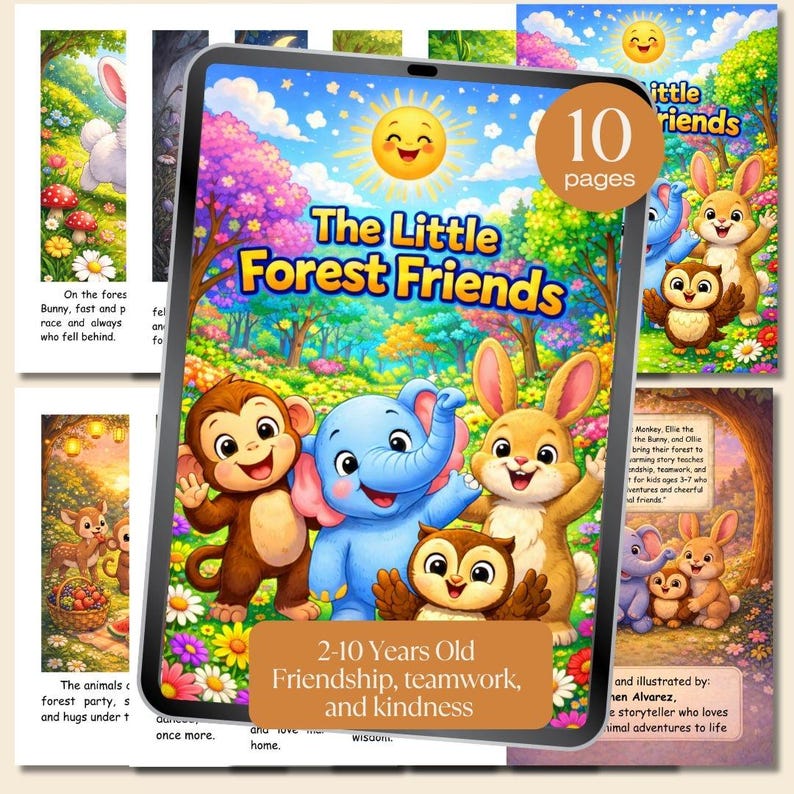 May include: A children's book titled "The Little Forest Friends" displayed on a tablet. The cover features a smiling sun, a monkey, an elephant, a rabbit, and an owl. The book is for ages 2-10 and focuses on friendship, teamwork, and kindness.