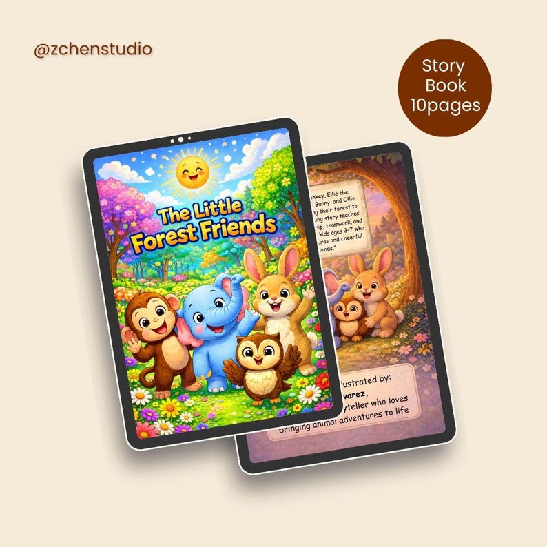 May include: Two digital tablets displaying a children's storybook cover titled "The Little Forest Friends." The cover features a smiling sun, a monkey, an elephant, a rabbit, and an owl. The second tablet shows a page with illustrations and text.