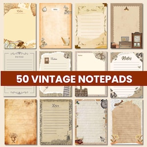 May include: A collection of 50 vintage-style notepads featuring various aged paper textures, lined and unlined layouts, and decorative illustrations including clocks, butterflies, maps, and architectural landmarks with the text Notes.