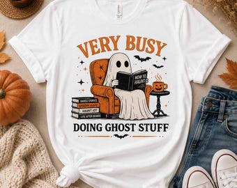 Retro Ghost Reading T-Shirt Design, Spooky Book Lover Halloween (Digital Download)
