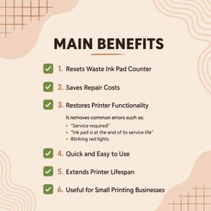 May include: A beige informational graphic titled MAIN BENEFITS listing six points: Resets Waste Ink Pad Counter, Saves Repair Costs, Restores Printer Functionality, Quick and Easy to Use, Extends Printer Lifespan, and Useful for Small Printing Businesses.