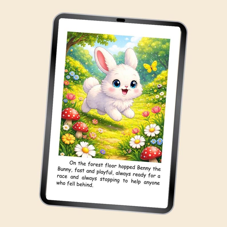 May include: A digital illustration of a white bunny with blue eyes and pink ears, running through a colorful meadow. Red and white mushroom illustrations and text that reads: "On the forest floor hopped Benny the Bunny, fast and playful, always ready for a race and always stopping to help anyone who fell behind."