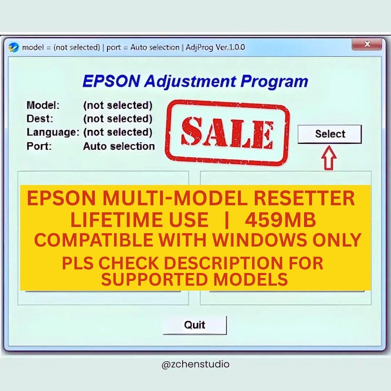 May include: A digital interface for the Epson Adjustment Program software, featuring a light blue window with fields for model, destination, language, and port. A red SALE stamp is visible, along with a yellow overlay stating Epson Multi-Model Resetter, lifetime use, 459MB, compatible with Windows only, and instructions to check the description for supported models.