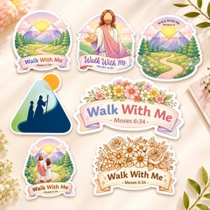 Puede incluir: Una colección de siete pegatinas troqueladas con temas religiosos, que incluyen ilustraciones de Jesús, paisajes montañosos y arreglos florales. Cada pegatina muestra el texto Walk With Me y la referencia bíblica Moses 6:34.