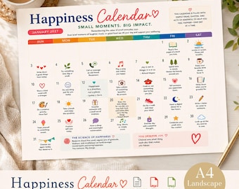 Happiness Calendar, Daily Mood Tracker And Gratitude Prompts, Printable PDF