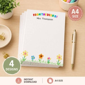 Puede incluir: Una pila de papel de carta tamaño A4 con el texto colorido FROM THE DESK OF Mrs. Thompson en la parte superior. La parte inferior del papel blanco está decorada con una ilustración estilo dibujo a mano de varias flores coloridas y hierba.