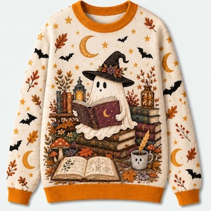 Suéter de Halloween con fantasmas leyendo, suéter feo para amantes de los libros, sudadera de fantasmas bruja, suéter espeluznante para lectores, regalo de otoño para lectores, suéter de otoño