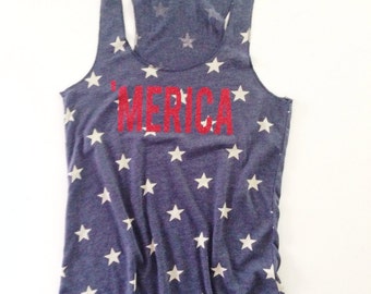 Merica Tank Top //Stars Tank Top // American Flag Clothing Red Glitter Merica Tank Top Stars and Stripes