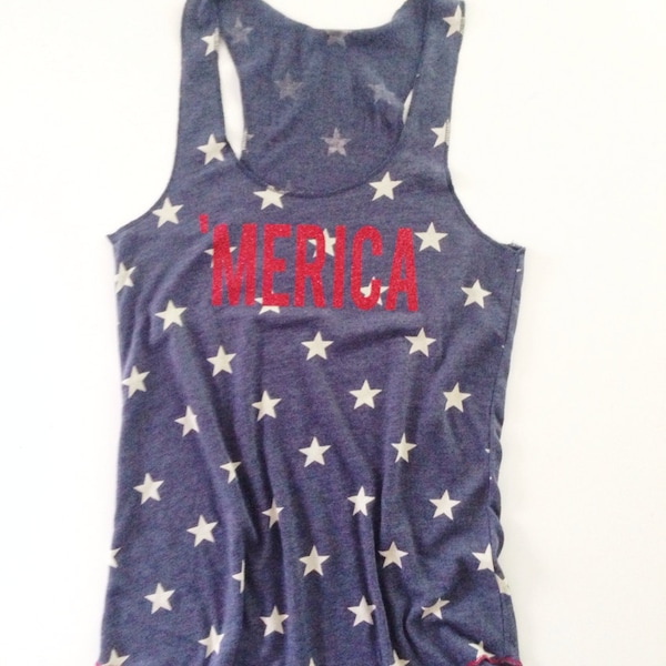 Merica Tank Top //Stars Tank Top // American Flag Clothing Red Glitter Merica Tank Top Stars and Stripes