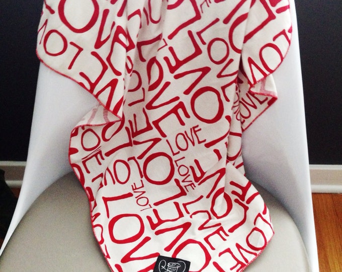 LOVE Baby Swaddle Blanket in Red and Cream // Valentine's Etsy