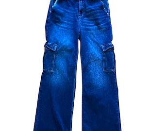 RISEN JEANS x Dam Baggy Cargo Blå Jeans Y2K L storlek 15 L Urban Streetwear