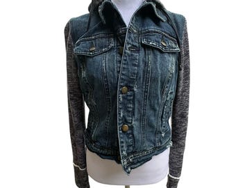Free People Size Small Black Distressed Denim Jacket Knit Sleeves Hood Grunge