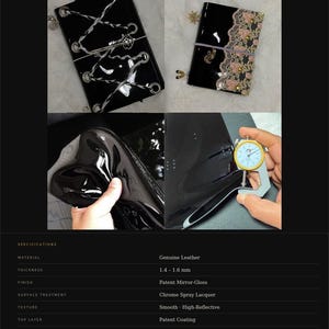 May include: Black gloss leather journals with a mirror-gloss finish. The journals are jet black and feature a smooth, high-reflective texture. The image shows the journal's thickness, which is 1.4 - 1.6 mm. The text "Black Gloss" and "Genuine Leather" are visible.