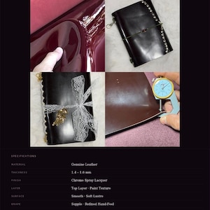May include: A collage showcasing plum-colored leather products. The images highlight the glossy finish and texture of the leather. The text "Plum Gloss" and "Genuine Leather" are visible. Specifications include a thickness of 1.4-1.6 mm.