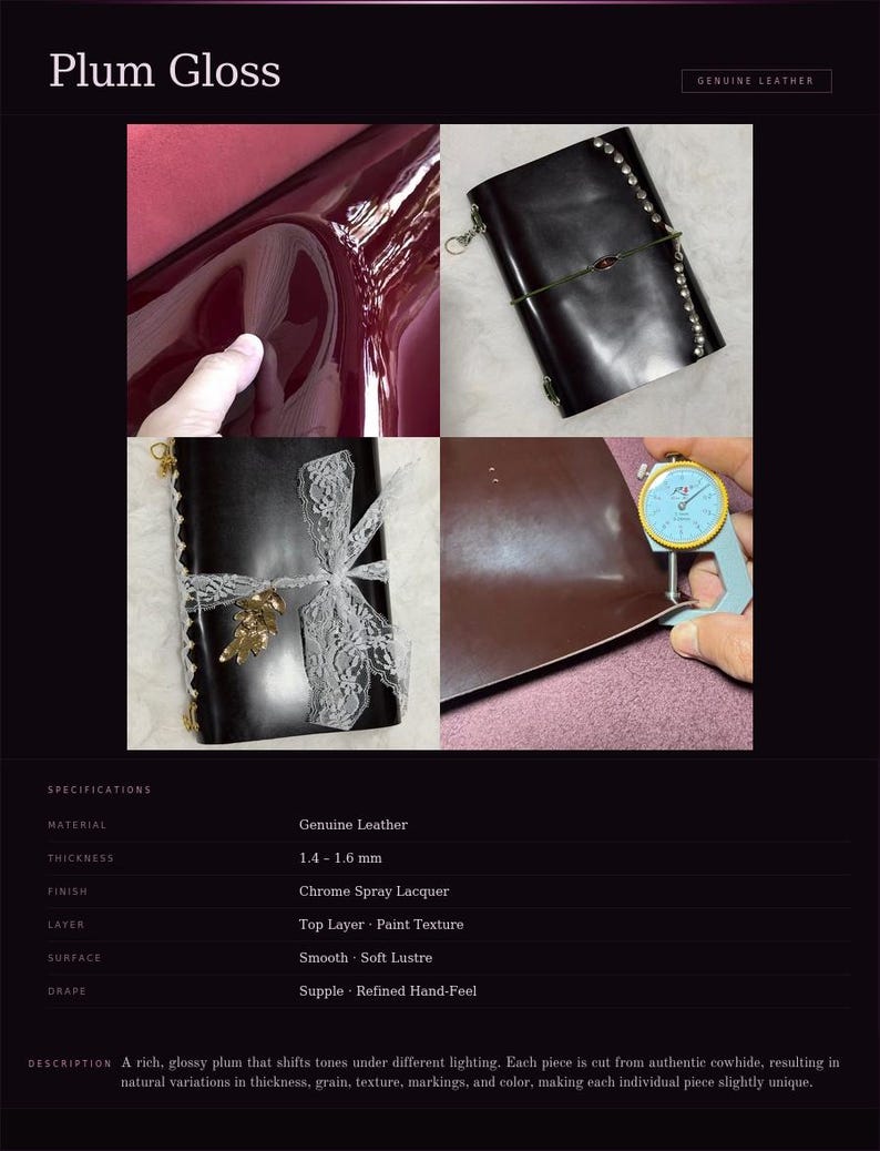 May include: A collage showcasing plum-colored leather products. The images highlight the glossy finish and texture of the leather. The text "Plum Gloss" and "Genuine Leather" are visible. Specifications include a thickness of 1.4-1.6 mm.