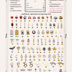 May include: A charm chart with various small charms, approximately 25mm-7mm in size, in gold, silver, and mixed colors. Options include choosing up to five charms total, with details on main charms and spine charms. The chart includes a variety of charm designs.