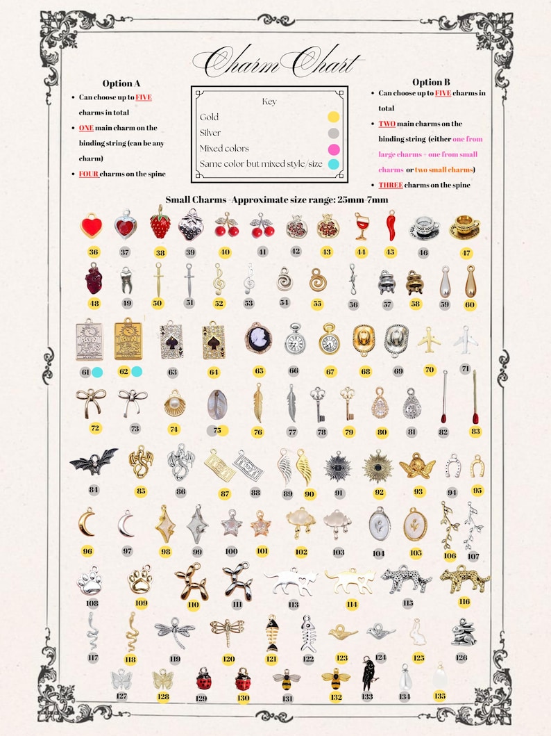 May include: A charm chart with various small charms, approximately 25mm-7mm in size, in gold, silver, and mixed colors. Options include choosing up to five charms total, with details on main charms and spine charms. The chart includes a variety of charm designs.