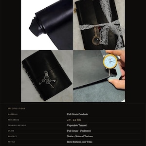 May include: Black leather product with the text "Black" and "GENUINE LEATHER". The image shows a rolled piece of leather, a journal tied with lace, and a journal with keys. The leather thickness is 2.0-2.2 mm.