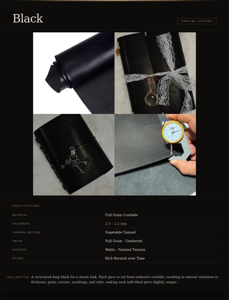 May include: Black leather product with the text "Black" and "GENUINE LEATHER". The image shows a rolled piece of leather, a journal tied with lace, and a journal with keys. The leather thickness is 2.0-2.2 mm.