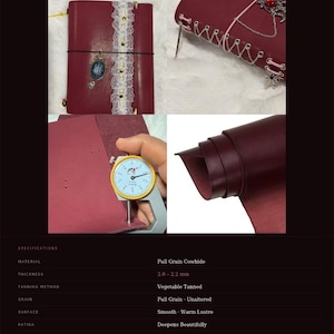 May include: Bordeaux leather journal with a wine-toned hue. The journal features a lace accent, a decorative charm, and a black elastic closure. The leather thickness is between 2.0 and 2.2 mm.