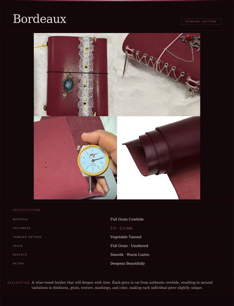 May include: Bordeaux leather journal with a wine-toned hue. The journal features a lace accent, a decorative charm, and a black elastic closure. The leather thickness is between 2.0 and 2.2 mm.