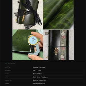 May include: Dark olive green leather journal with black lace and a gold-colored charm. The journal is made of genuine cowhide, 1.6-1.8 mm thick, with a retro oil wax finish. The text "Dark Olive" and "GENUINE LEATHER" are visible.