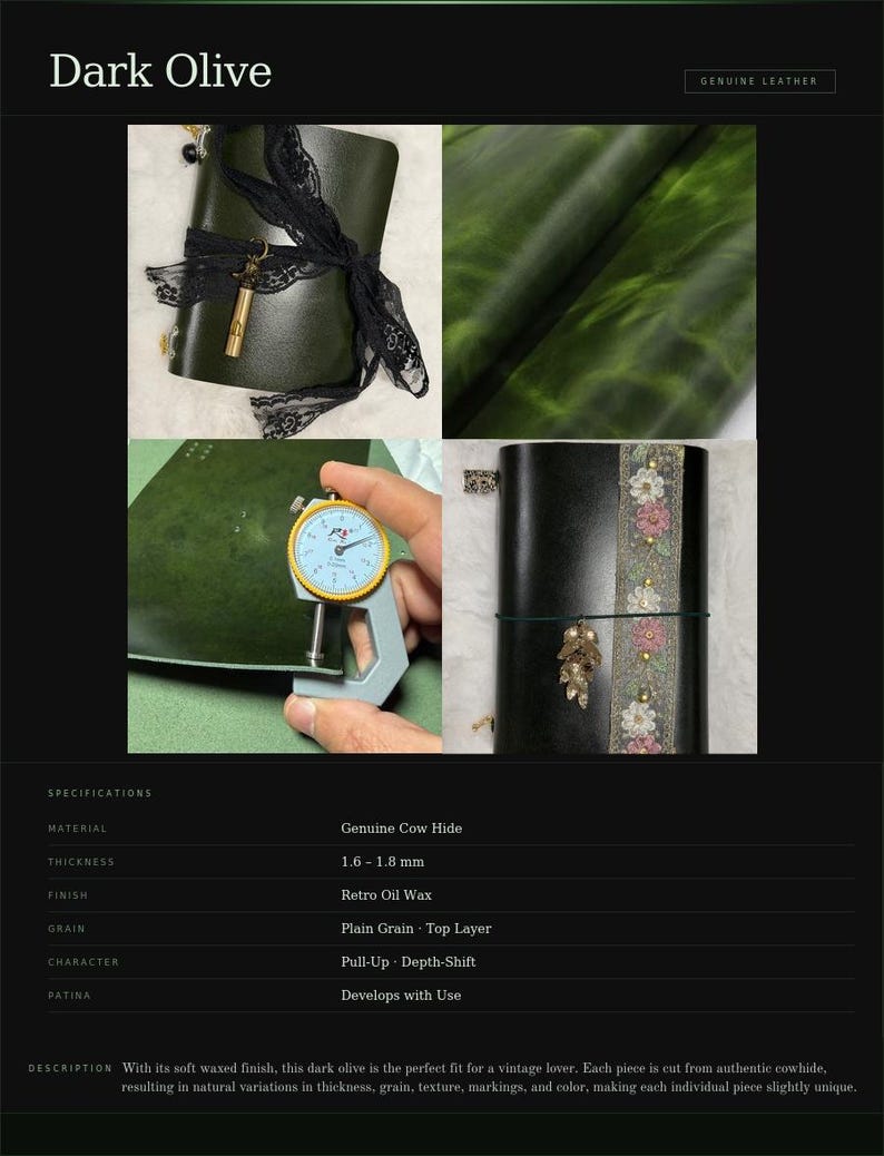May include: Dark olive green leather journal with black lace and a gold-colored charm. The journal is made of genuine cowhide, 1.6-1.8 mm thick, with a retro oil wax finish. The text "Dark Olive" and "GENUINE LEATHER" are visible.