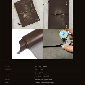 May include: Brown leather journal with gold-colored accents and a decorative closure. The image shows the journal's full grain cowhide material, thickness of 2.0-2.2 mm, and smooth, warm earth tone surface. The journal is vegetable tanned.