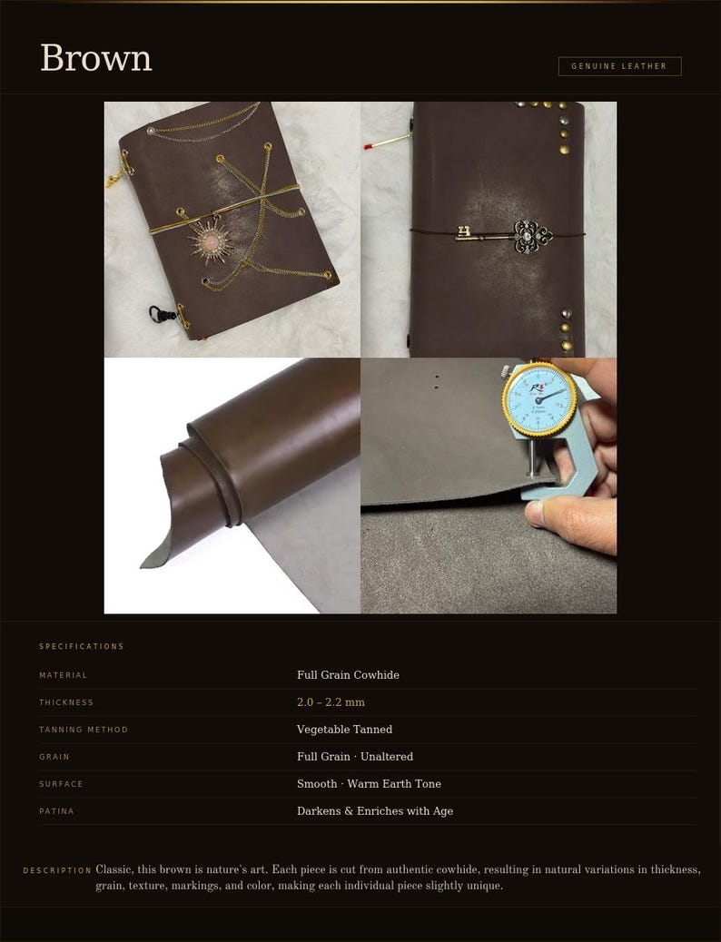 May include: Brown leather journal with gold-colored accents and a decorative closure. The image shows the journal's full grain cowhide material, thickness of 2.0-2.2 mm, and smooth, warm earth tone surface. The journal is vegetable tanned.