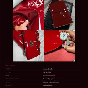 May include: A collage showcasing red patent leather products. The leather has a mirror-like finish and is described as genuine. The thickness is between 1.4 and 1.6 mm. The text "Red Gloss" and "Genuine Leather" are visible.