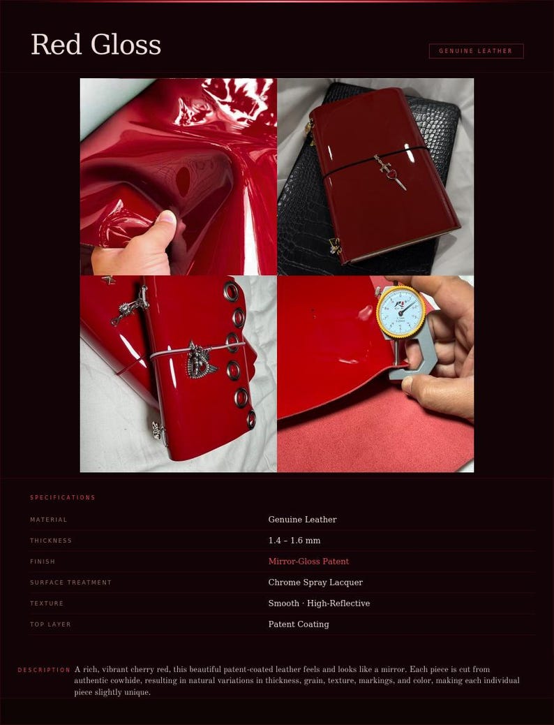 May include: A collage showcasing red patent leather products. The leather has a mirror-like finish and is described as genuine. The thickness is between 1.4 and 1.6 mm. The text "Red Gloss" and "Genuine Leather" are visible.