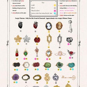 May include: A charm chart with various pendant options for journals. The chart includes heart, cameo, and floral designs, along with gemstone and key charms. The text on the chart describes the options for charm selection.