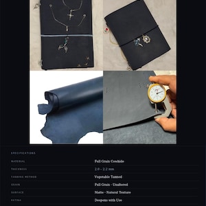May include: Sapphire blue leather product samples. The image shows a dark blue leather, a notebook, and jewelry. The leather is full grain cowhide, vegetable tanned, with a thickness of 2.0-2.2 mm.