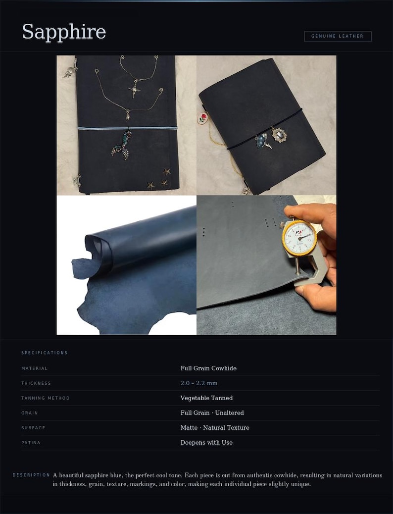 May include: Sapphire blue leather product samples. The image shows a dark blue leather, a notebook, and jewelry. The leather is full grain cowhide, vegetable tanned, with a thickness of 2.0-2.2 mm.