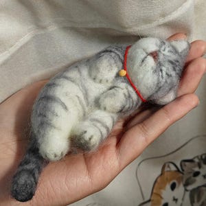 Handmade Wool Felt Cat Doll: Gray Tabby Kitten with Red Collar