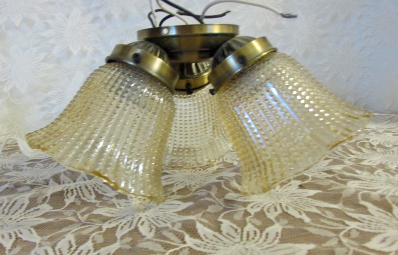 Small Vintage Light Fixture Textured Champagne Color With 3 Fluted Shades