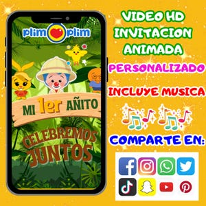 Può includere: Un invito animato in video colorato per un primo compleanno. L'invito presenta un personaggio dei cartoni animati con un naso rosso e un cappello verde, insieme a un tema di giungla. Il testo sull'invito recita "Mi 1er Añito Celebremos Juntos".
