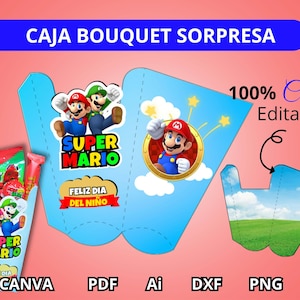 Modèle de bouquet de boîte surprise d'anniversaire Mario Bros imprimable sur Canva Mario et Luigi