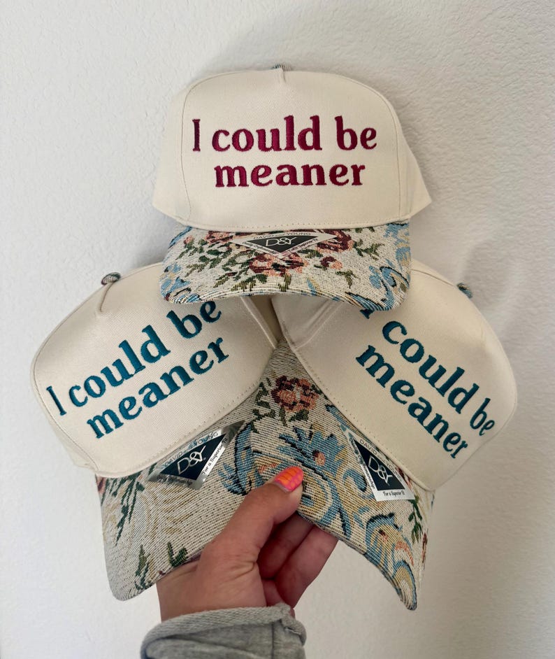 May include: Cream-colored baseball caps with the embroidered phrase "I could be meaner" in various colors. The caps have a floral patterned brim and a D&S tag.