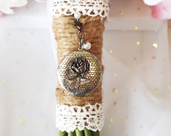Vintage Wedding Bouquet Locket with Rose : Silver Floral Keepsake with Pearl Accent