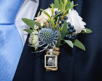 Boutonniere Photo Charm, Silver Frame Boutonniere Photo charm, Boutonniere Memorial Pin, Boutonniere Memorial Charm, For Groom Boutonniere