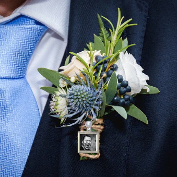 Boutonniere Photo Charm, Silver Frame Boutonniere Photo charm, Boutonniere Memorial Pin, Boutonniere Memorial Charm, For Groom Boutonniere