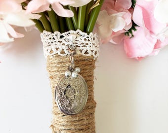 Vintage Wedding Bouquet Locket: Silver Floral Brides Keepsake with Pearl Accent