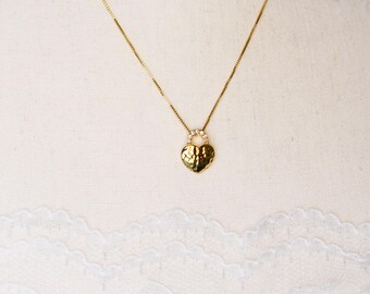 14k Gold Heart Necklace: Hammered CZ Bezel Pendant