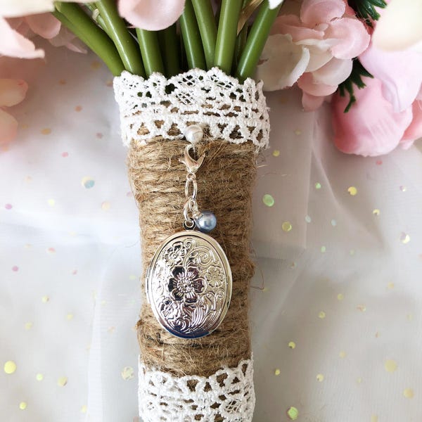 Bridal Bouquet Locket: Wedding Memorial Gift, Silver Photo Charm with Swarovski Pearl