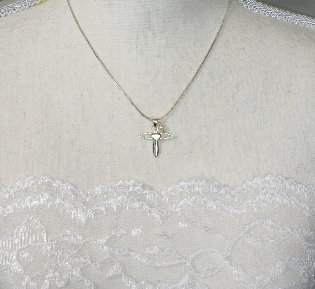 Sterling Silver Angel Cross Necklace, Guardian Angel Necklace, Memorial