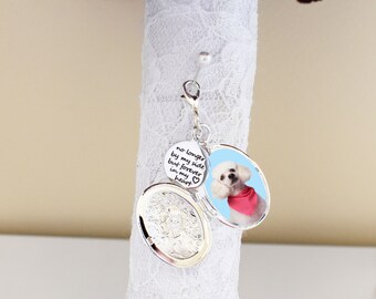 Silver Pet Locket for Bouquet, Pet Memorial Photo Charm for Bouquet, No Longer By My Side Pet Bouquet Locket, Dog Memorial Locket, Dog Charm