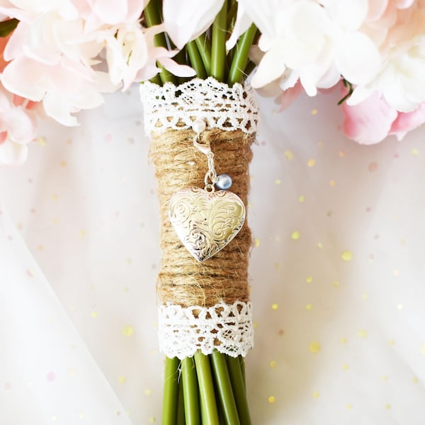 Silver Heart Wedding Bouquet Locket: Photo Keepsake with Pearl Accent